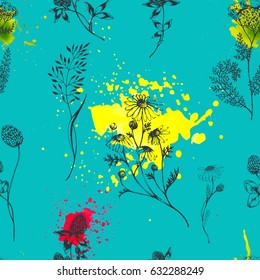 Vector seamless blue background with herbs and flowers on watercolor blots. Hand drawn botanical illustration for fabric, wrapping, prints and other design. Pattern with wild meadow herbs