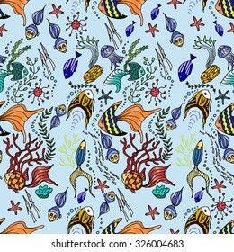 vector seamless blue background with marine fish