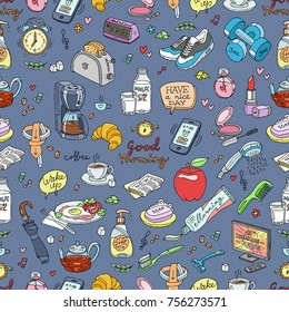 Vector seamless blue background of morning set with morning and breakfast objects. Handmade drawing color collection sketch.