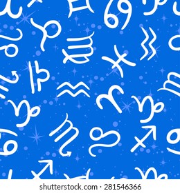 Vector seamless blue background with white signs of the zodiac and blue stars . The ability to use it in the textile industry.