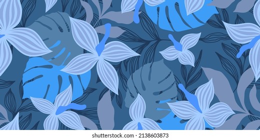 VECTOR SEAMLESS BLUE BANNER WITH GRAY FLOWERS AND COLORFUL TROPICAL LEAVES