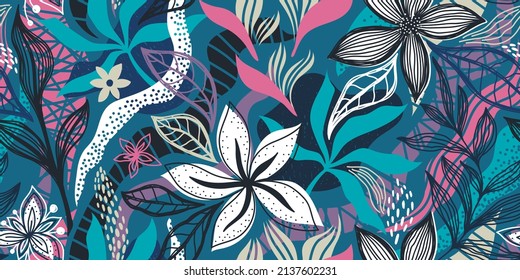 VECTOR SEAMLESS BLUE BANNER WITH WHITE FLOWERS AND COLORFUL TROPICAL LEAVES