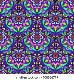 Vector Seamless Blue Floral Mandala Pattern