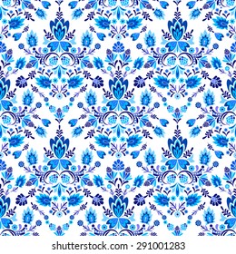 vector seamless blue floral ornamental folk pattern. Victorian porcelain style. 