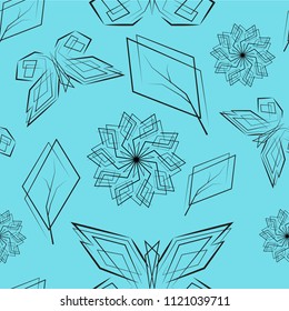 Vector Seamless blue Floral Pattern.Plant, flower, butterfly.