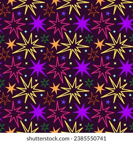 Vector seamless blue galaxy pattern with stars. Dark space background with bright colored stars for fabric, paper and design.