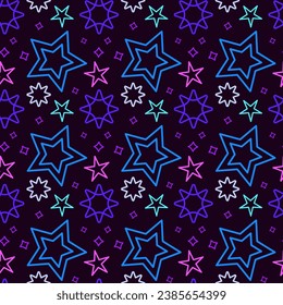 Vector seamless blue galaxy pattern with stars. Dark space background with bright colored stars for fabric, paper and design.