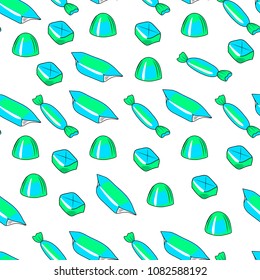 Vector seamless blue green pattern, graphic drawing of sweets on a white background for design of fabric, textile, wrapping paper.