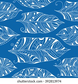 Vector seamless blue indigo color pattern with doodle hand drawn abstract feathers.