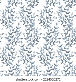 Vector seamless blue leaf wavy stripe pattern. Abstract drawing with plant elements on a white background.autumn seamless pattern on white background