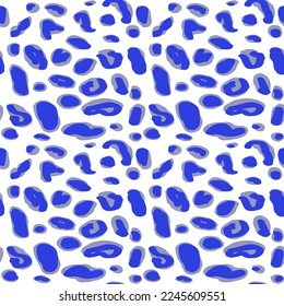 Vector seamless blue leopard pattern, black and blue spots on a white background classic design. Vector illustration