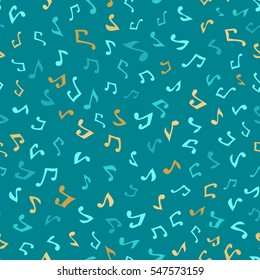Vector seamless blue music pattern. Various hand-drawn music notes. Blue and gold boundless background.
