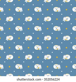 Vector seamless blue pattern with cute sleeping white cats, stars and dots