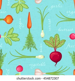 Vector seamless blue pattern with fresh organic vegetables on blue background