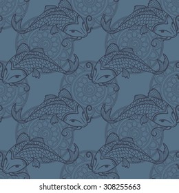 Vector seamless blue pattern with japanese carps koi - symbol of luck, love and independence