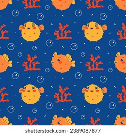 Vector seamless blue pattern. Undersea world. Red corals. Funny cute puffer fish character. Printable flat children's pattern for textiles, fabrics, wallpaper, packaging.