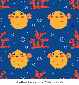 Vector seamless blue pattern. Undersea world. Red corals. Funny cute puffer fish character. Printable flat children's pattern for textiles, fabrics, wallpaper, packaging.