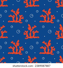 Vector seamless blue pattern. Undersea world. Red corals. Funny cute puffer fish character. Printable flat children's pattern for textiles, fabrics, wallpaper, packaging.
