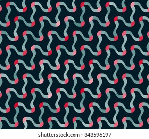 Vector Seamless  Blue Pink Shades Diagonal Wavy Lines Pattern On Dark Navy Abstract Background