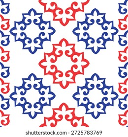 Vector sin costuras azul rojo adorno nacional. Ornamento turco. Mosaico de azulejos marroquíes. Vajilla de cerámica, estampado popular. Cerámica española. Origen étnico. Fondo de pantalla mediterráneo sin costuras.