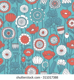 vector seamless blue, red and white background of wildflowers doodles
