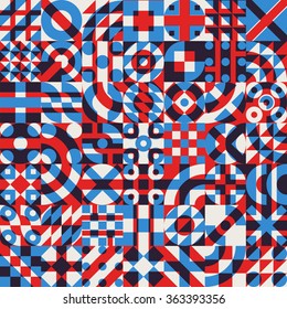 Vector Seamless Blue Red White Color Overlay Irregular Geometric Blocks Quilt Pattern Abstract Background