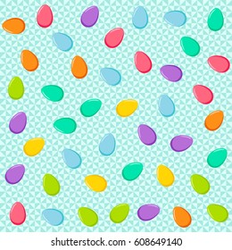 Vector seamless blue triangle pattern with colorful eggs. Easter holiday background for web backdrop, printing on fabric, paper for scrapbooking, gift wrap.
