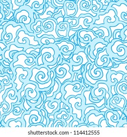 Vector seamless blue and white abstract hand-drawn pattern with chinese oriental clouds