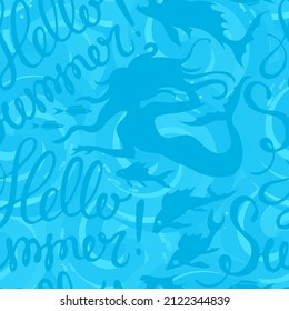 Vector seamless blue and white background with silhouettes of fish and mermaids