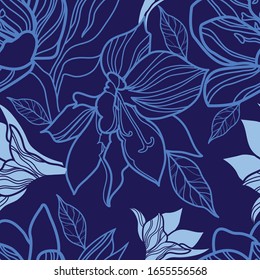 Vector seamless blue and white floral pattern from leaf. Natural summer background