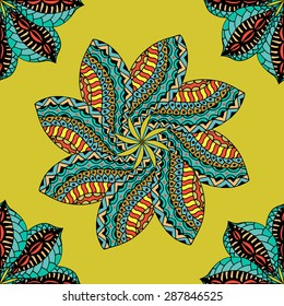 Vector seamless blue, yellow, black pattern. Isolated on white