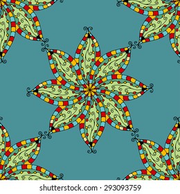 Vector seamless blue, yellow, black pattern. Isolated on white