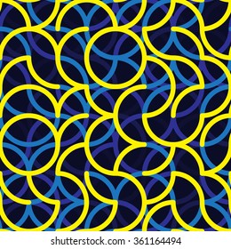 Vector Seamless Blue Yellow Color Irregular Rounded Arc Lines Geometric Pattern Abstract Background