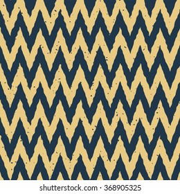 Vector Seamless Blue Yellow Color Hand Drawn ZigZag Distorted Lines Grungy Chevron Pattern Abstract Background