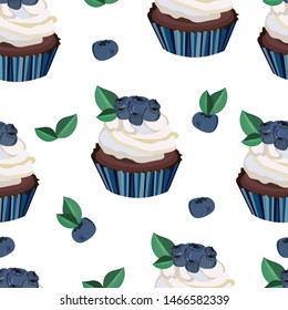 Vector seamless blueberry cupcake, cake, muffin pattern,print,wallpaper on the transparent background.
