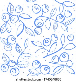 Vector seamless blueberry pattern. Blueberry leaves and berries on a white background. Summer berry print. For menu design, packaging, and textiles.