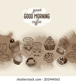 Vector seamless  boarder with coffee and sweets. Hand drawn vector illustration. Good morning Vintage Card.