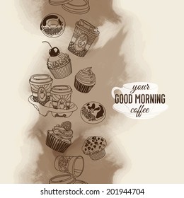 Vector seamless  boarder with coffee and sweets. Hand drawn vector illustration. Good morning Vintage Card.