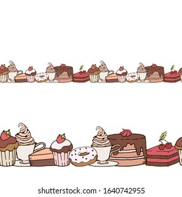 Vector seamless boarder with desserts. Doodle style. Hand drawn vector illustration isolated on white background. Design for cafe menu, scrapbooking, textile, wrapping paper, duct tape etc