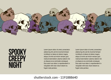 Vector seamless boarder with skulls. Halloween card\poster\banner template. Vector illustration engraving style.