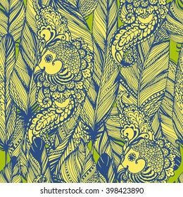 Vector seamless Bohemian pattern with feathers and bird . Hand drawn illustration for prints, fabric, wrapping and other design.