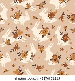 vector seamless boho easter pattern with bunnies and flowers, brown natural color palette