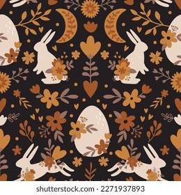 vector seamless boho easter pattern with bunnies,eggs and flowers, brown natural color palette