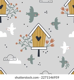 vector seamless boho pattern with birdhouse and flying birds in the sky, adorable textile design for children