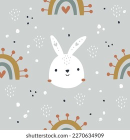 vector seamless boho pattern with cute bunny and rainbows, adorable textile design for children