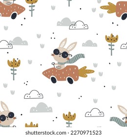 vector seamless boho pattern with cute bunny driving the carrot car, adorable textile design for children