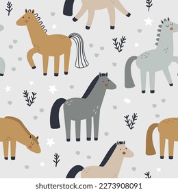 patrón boho sin costura vectorial con caballos lindos sobre fondo azul claro, adorable diseño textil para niños