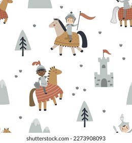 vector seamless boho pattern with cute knights and castles on white background, adorable textile design for children