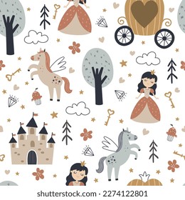 vector seamless boho pattern with cute princess, horse, carriage and castle on white background, adorable textile design for children