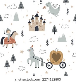 vector seamless boho pattern with cute knights, horse, carriage and castle on white background, adorable textile design for children